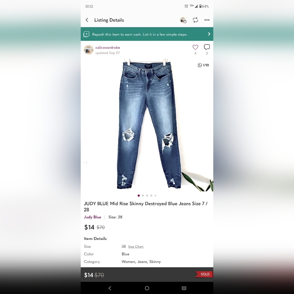 JUDY BLUE Mid Rise Skinny Destroyed Blue Jeans Size 7 / 28